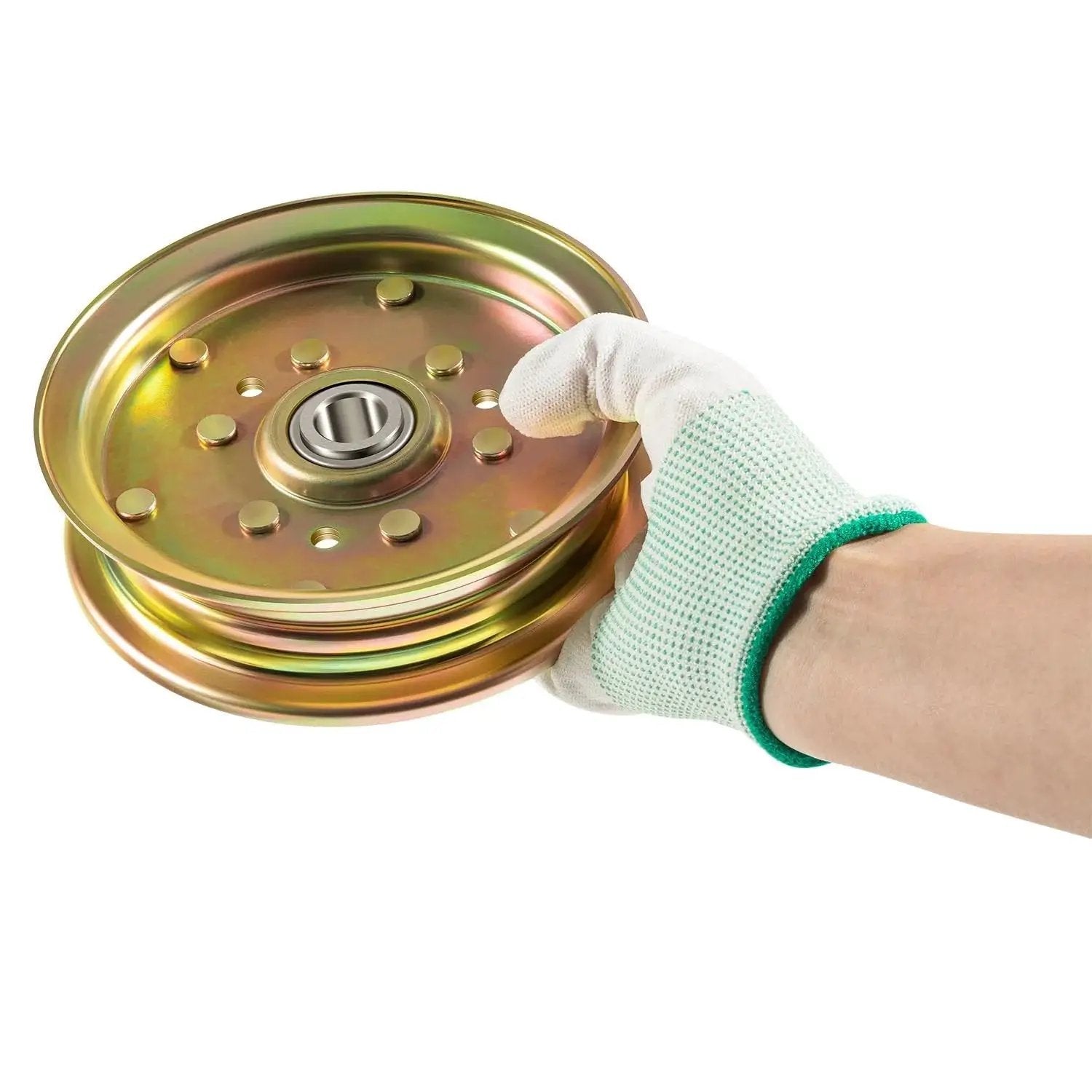 Universal Idler Pulley Assembly Replacement Kit for Bush Hog Finish Mowers in a hand, showing size and design
