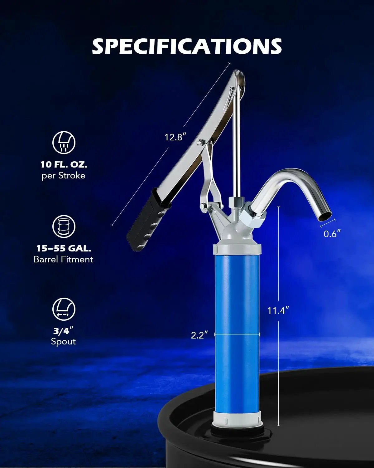 Lever Action Barrel Pump With Telescoping Suction Tube For 15 To 55 Gallon Drums, shown with specifications on blue background