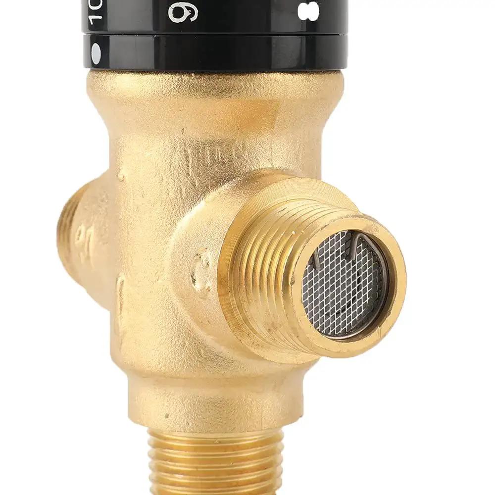 Close-up of Shower Thermostatic Mixing Valve From TreMax With One Half Inch NPT Thread US Standard, solid brass gold finish.