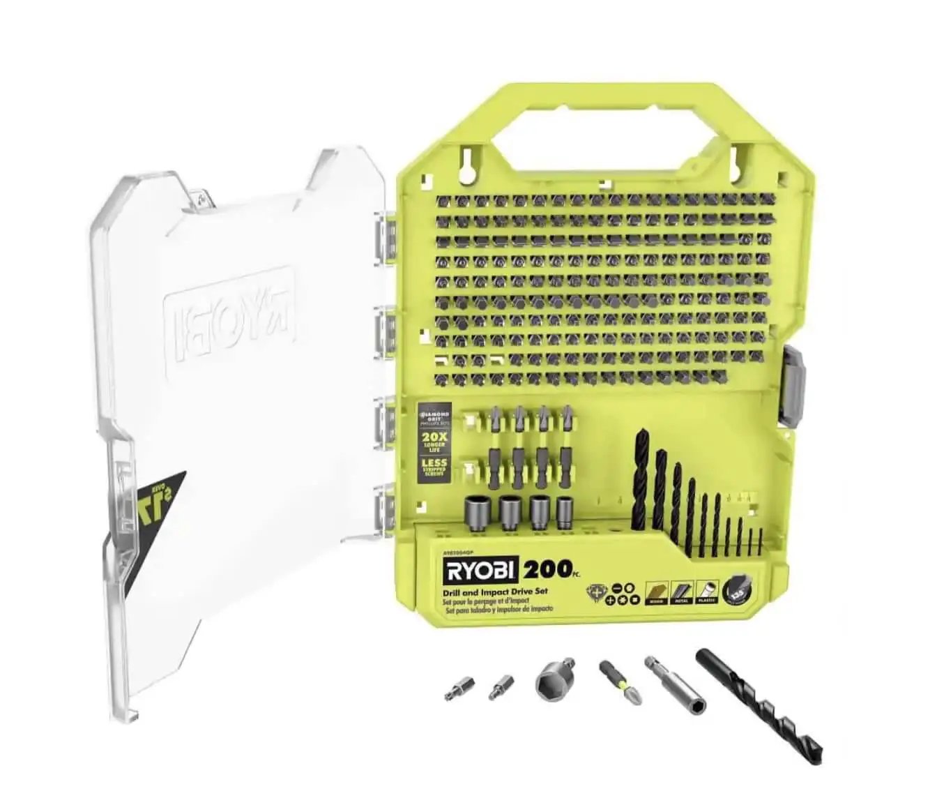 200 Piece Drill And Impact Drive Set Ryobi With Diamond Grit Bits for Longer Life and Stronger Grip Wide Range Of 1 Inch Drive Bits
