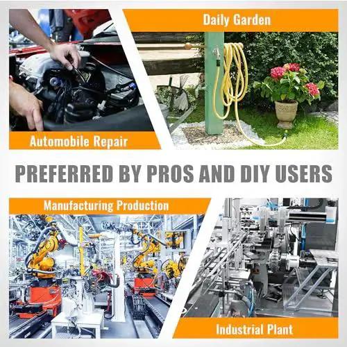 Image collage showing uses of Premium DOT Air Brake Line Fittings Kit With 74Pcs for automobile repair, gardens, manufacturing, and industrial plants.