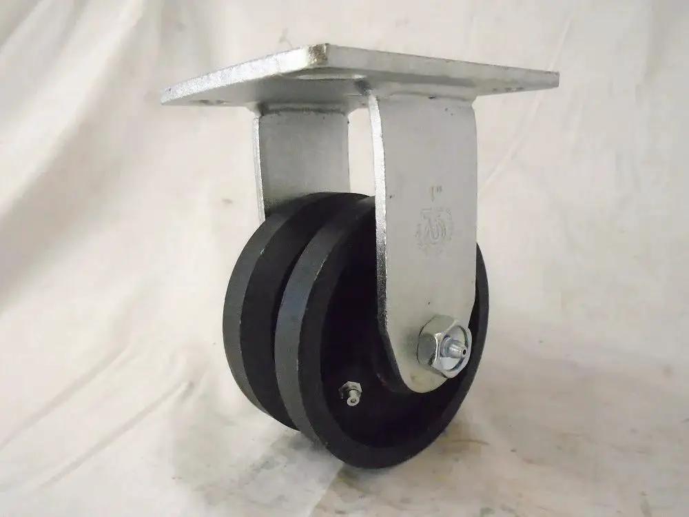 Rigid Caster With 7/8 Inch V-Groove Iron Steel Wheel, 4 By 2 Inch Footprint, 600 Pounds Capacity, Black Top Plate 4 By 4