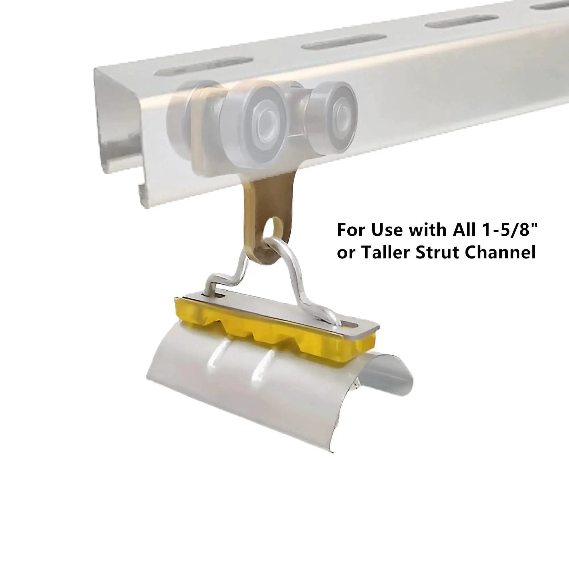 Four Wheel Cable Trolley System with Four Bearing Trolley Assembly installed on 1-5/8 inch strut channel, showcasing smooth operation