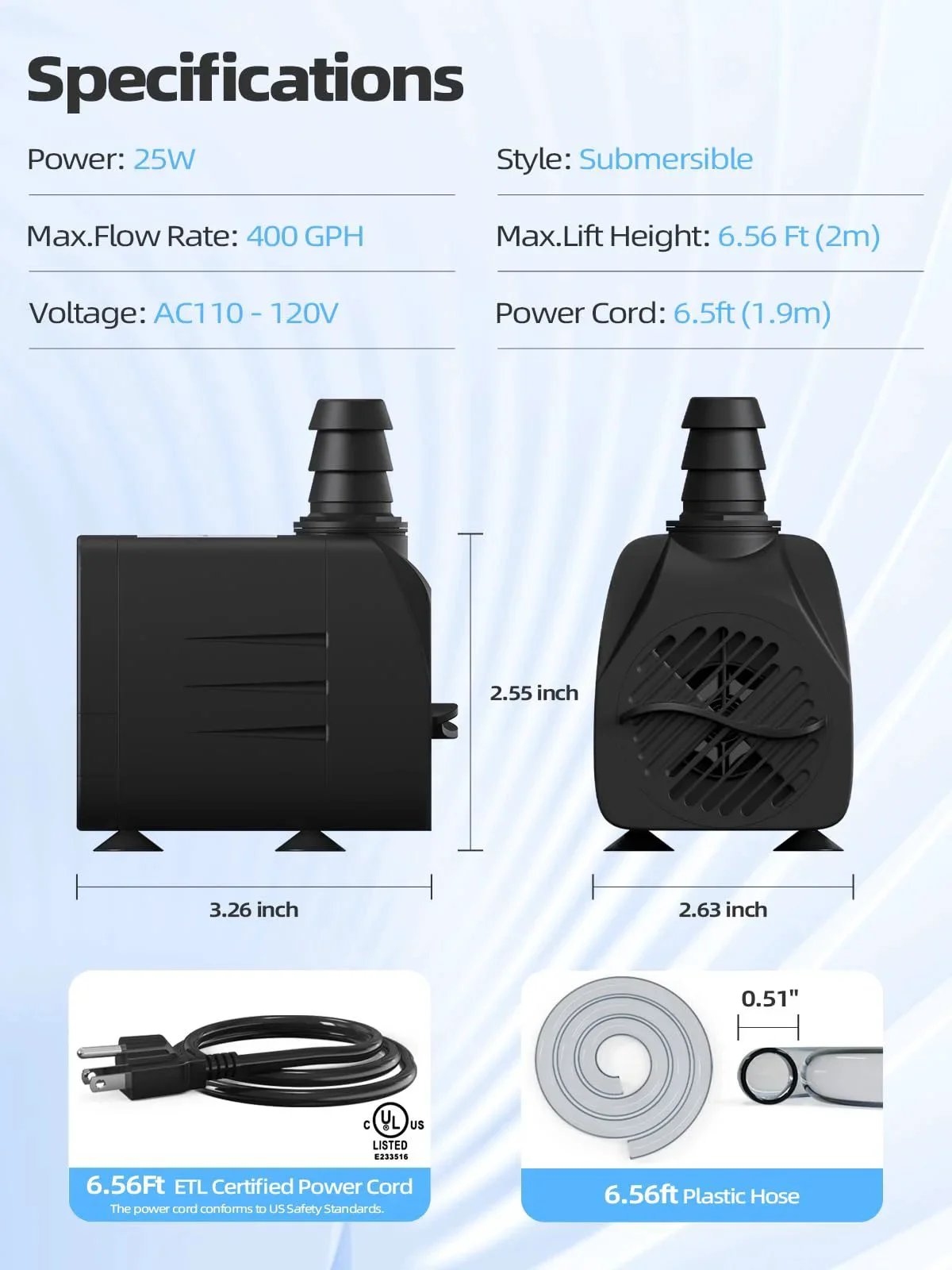 Specifications of Ultra Quiet 400GPH Submersible Water Pump For Pond, Fountain, Aquarium, And Hydroponics With 6.56 Ft Lift