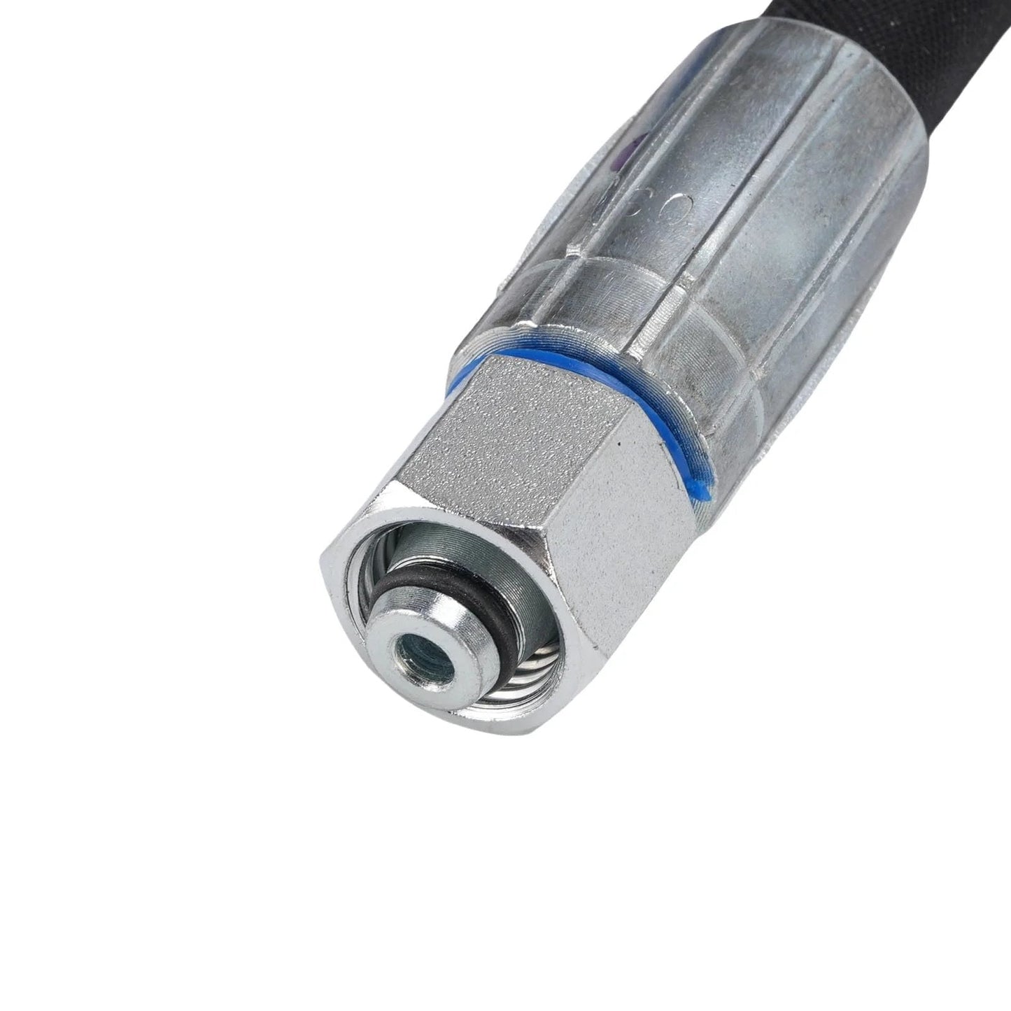 Close-up of end fitting on Two Pack Beefed Up Excavator Diverter Valve Hoses For One To Two Ton Mini Excavator 32 Inch Length Hydraulic Diverter Hose Set