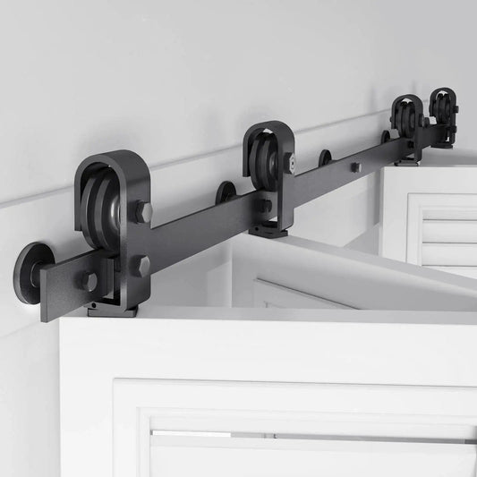64 Inch Bifold Barn Door Hardware Track Kit for Four 15 Inch Closet Doors, Top Mount Sliding System with Heavy Duty Rollers, Black Finish