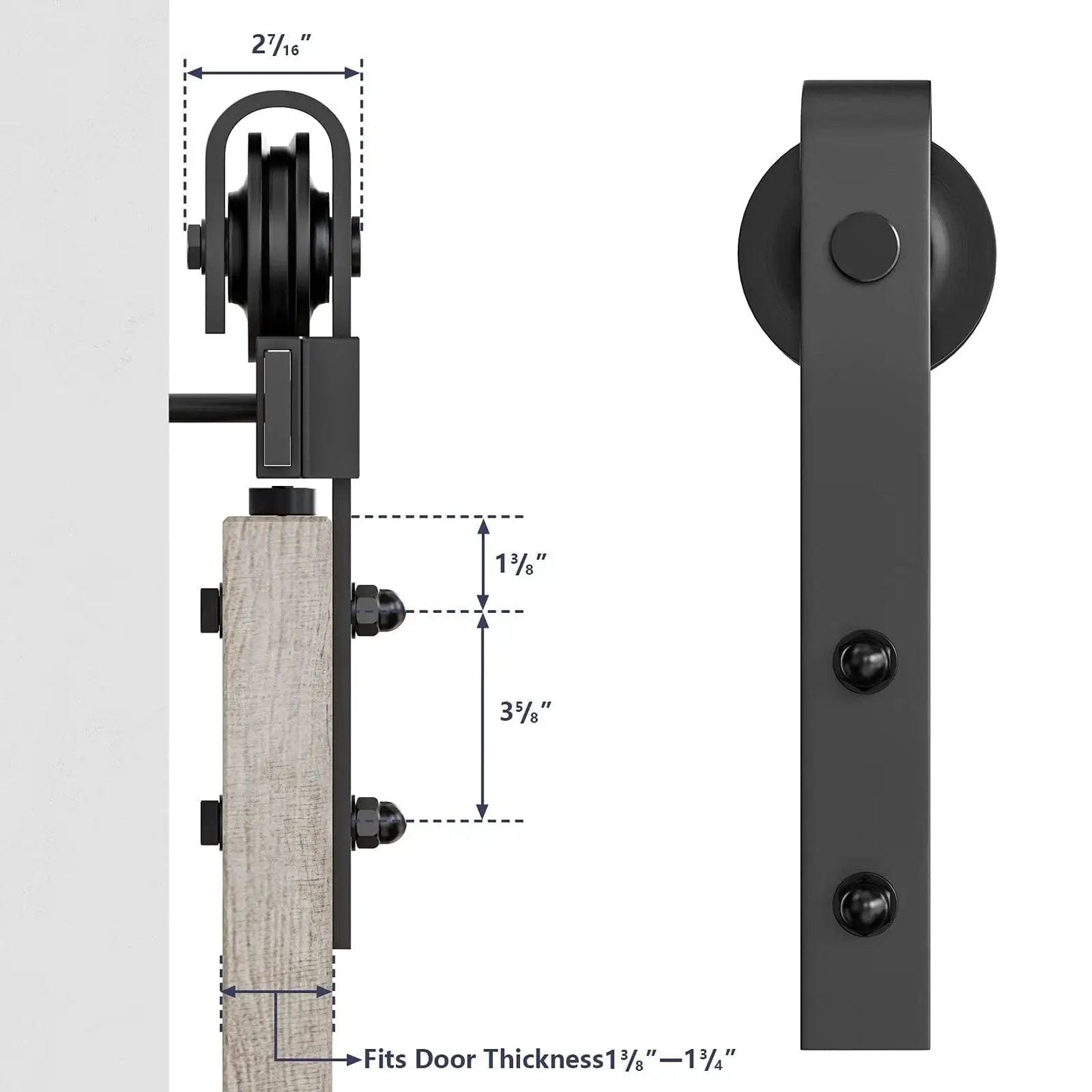 Sliding Barn Door Hanger Rollers Set Of Two For All Barn Door Hardware Kits, J-Shape Hangers shown in black steel, side view.