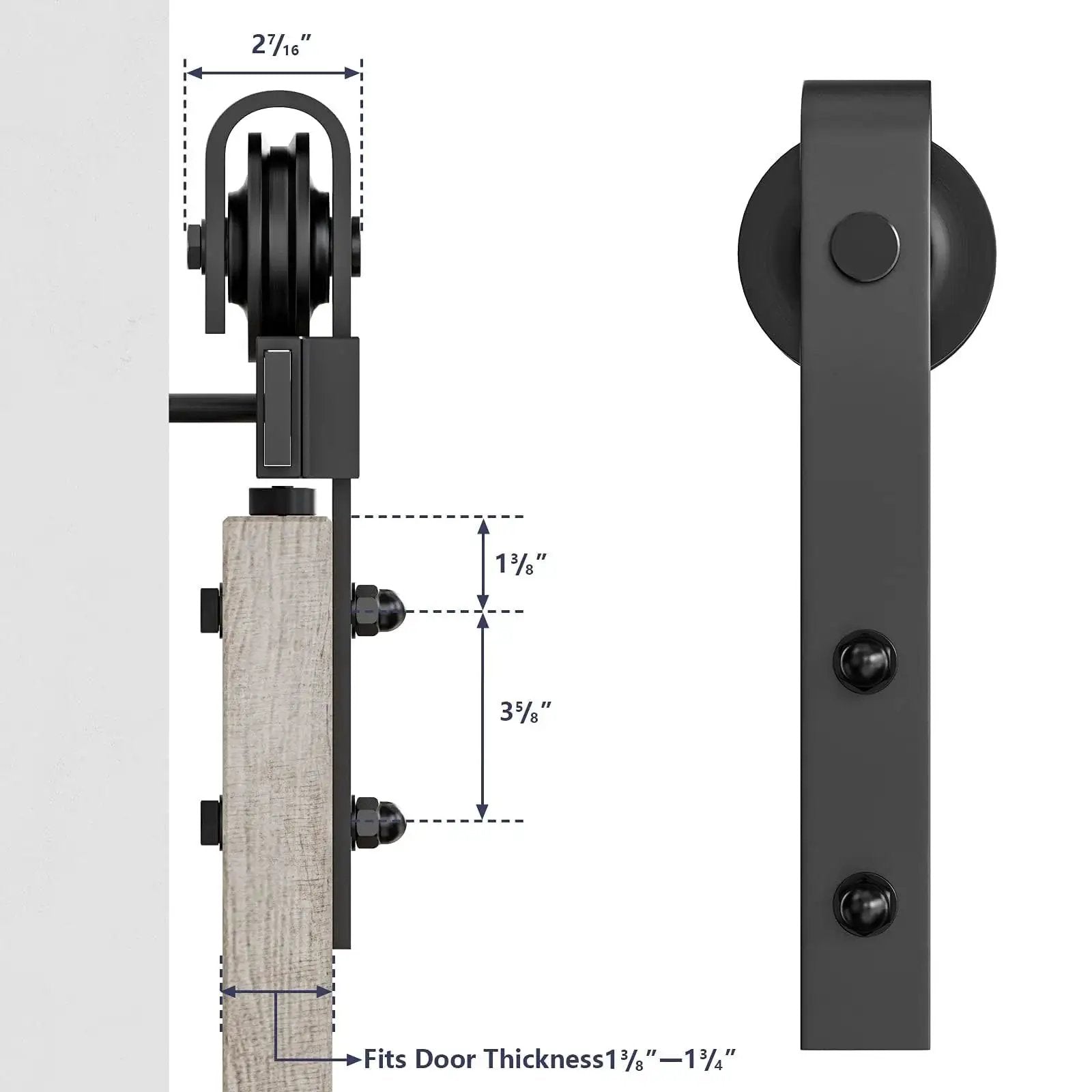 Sliding Barn Door Hanger Rollers Set Of Two For All Barn Door Hardware Kits, J-Shape Hangers shown in black steel, side view.