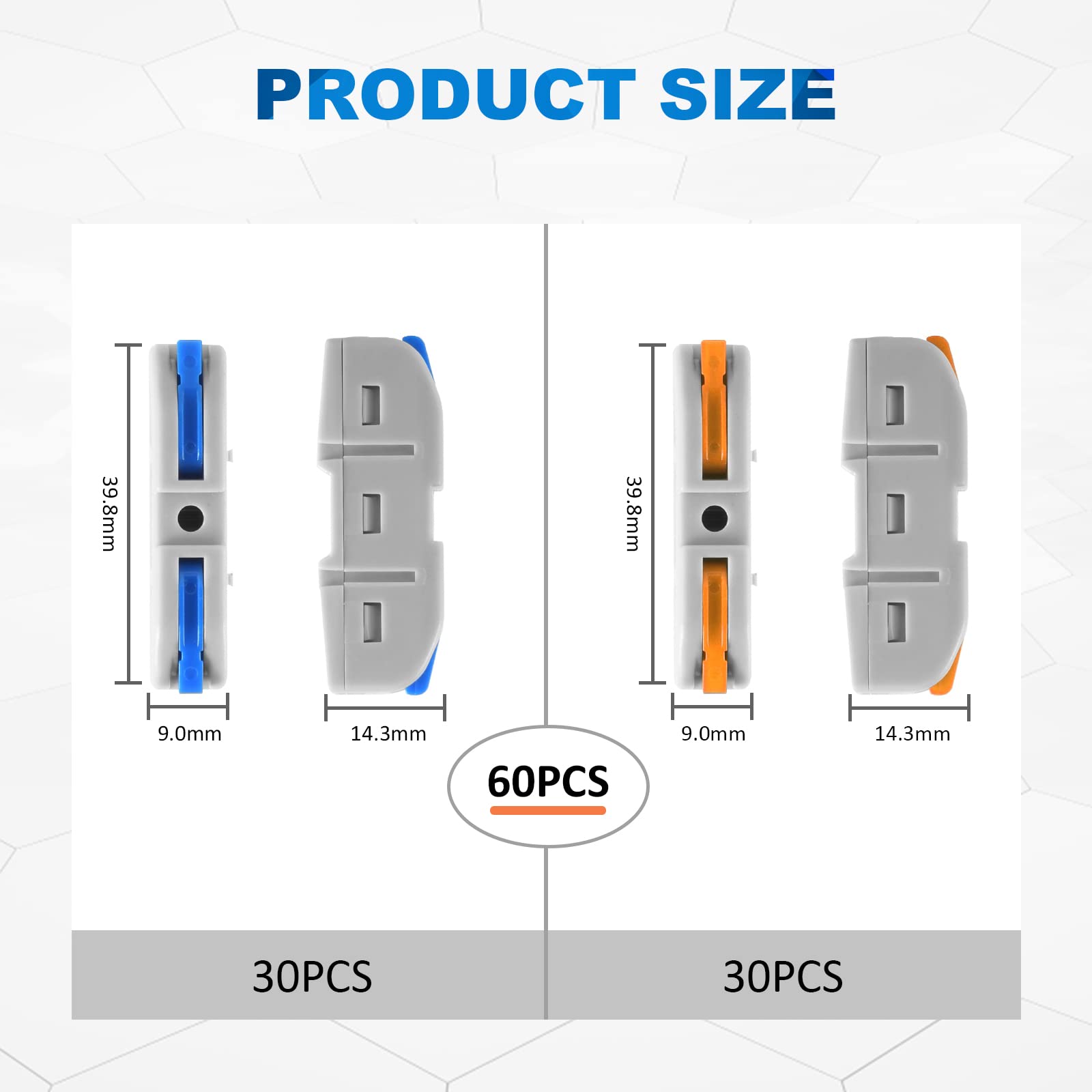 Side view of Lever Wire Connectors Quick Connect Splicing Kit For Compact Inline Terminals 28-12 AWG 1 In 1 Out Multicolored 60-Piece Set showing dimensions