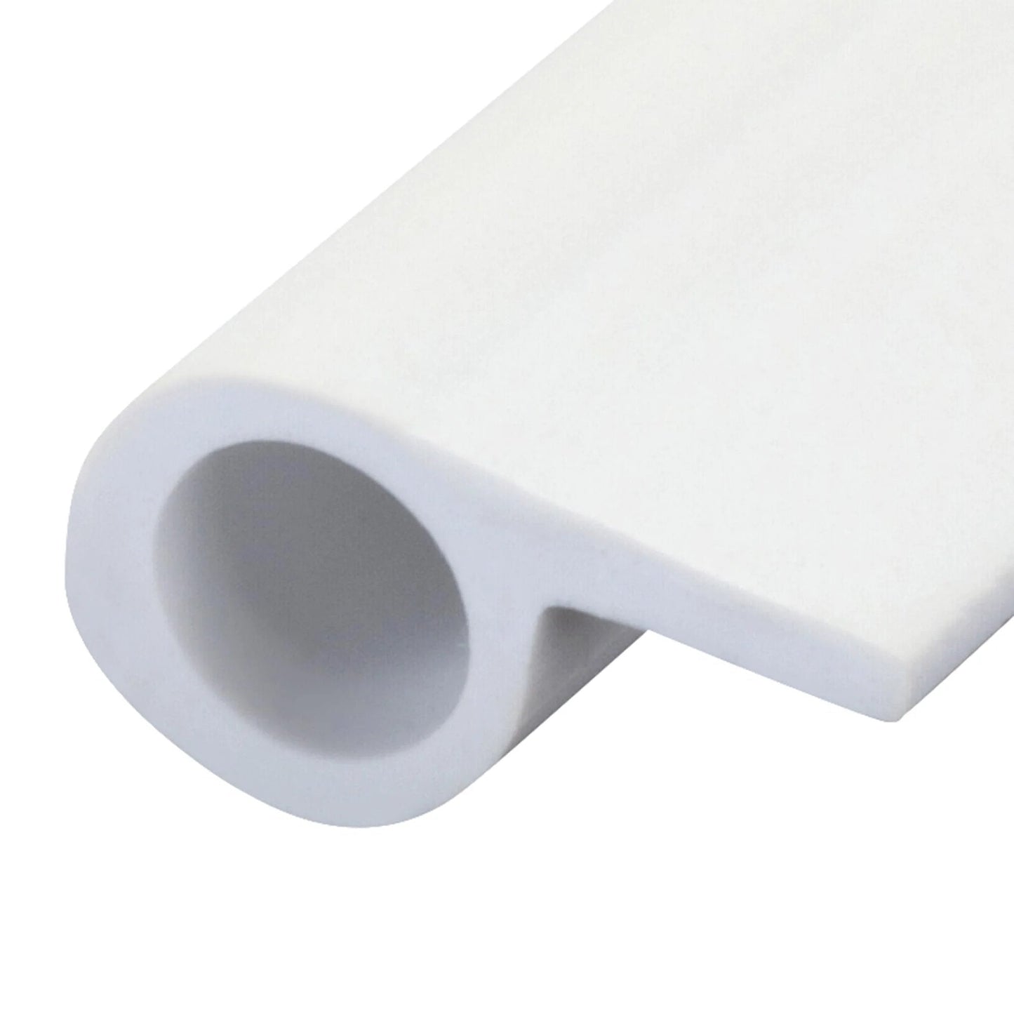 Close-up of white vinyl gasket seal, showing 1/2 inch wide and 1/4 inch tall dimensions, used for sealing drafts in doors and windows.