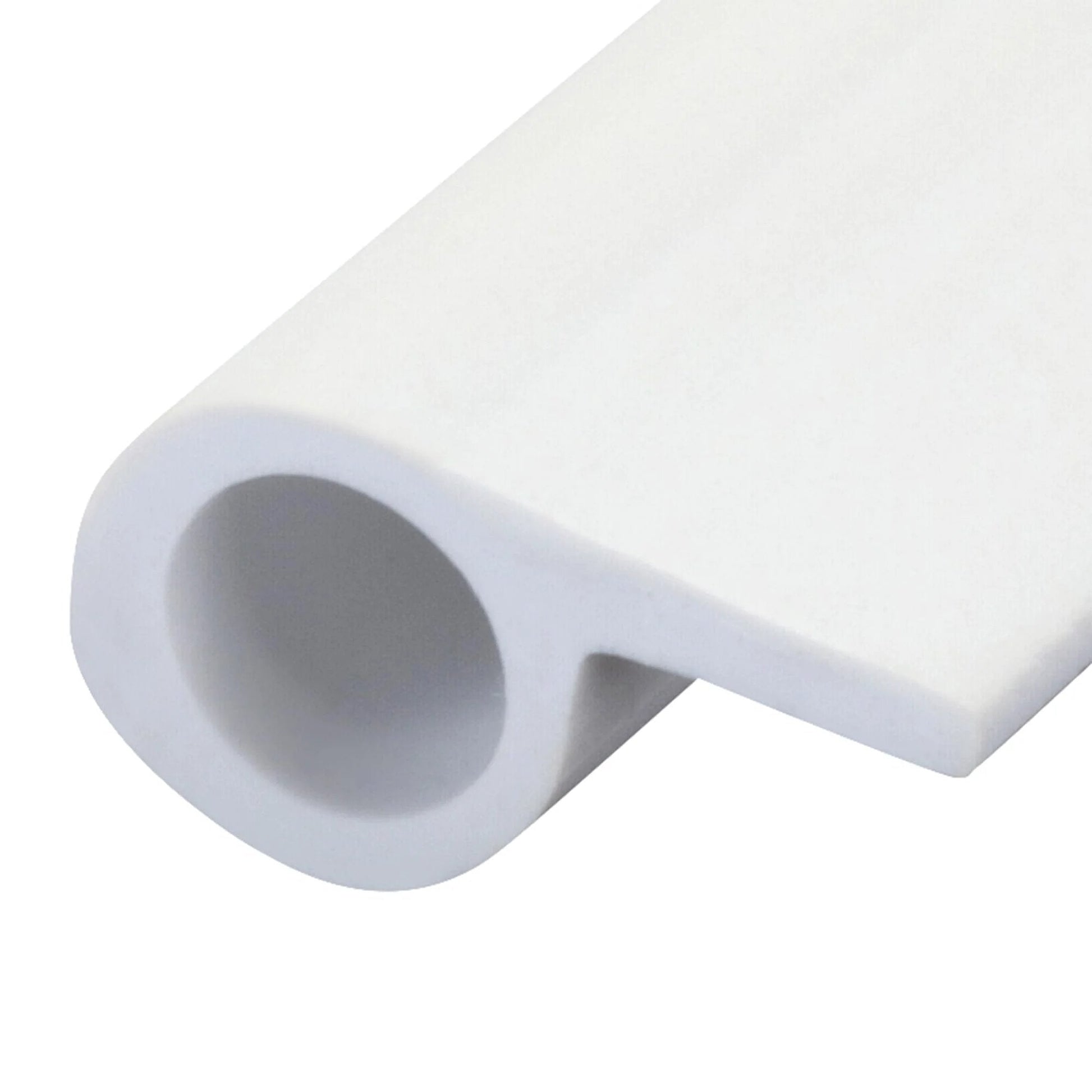 Close-up of white vinyl gasket seal, showing 1/2 inch wide and 1/4 inch tall dimensions, used for sealing drafts in doors and windows.