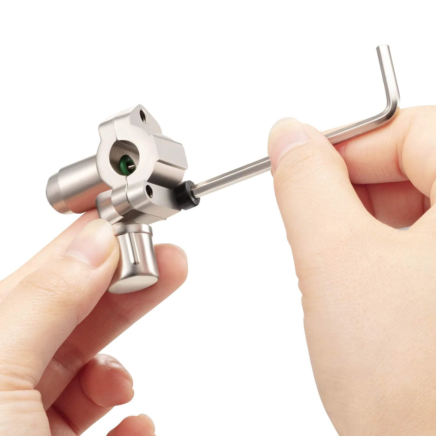 Hands holding a Bullet Piercing Tap Valve Kit BPV 31 For Fridge Lines Includes Two Sets With Valve Hex Key And Adapters