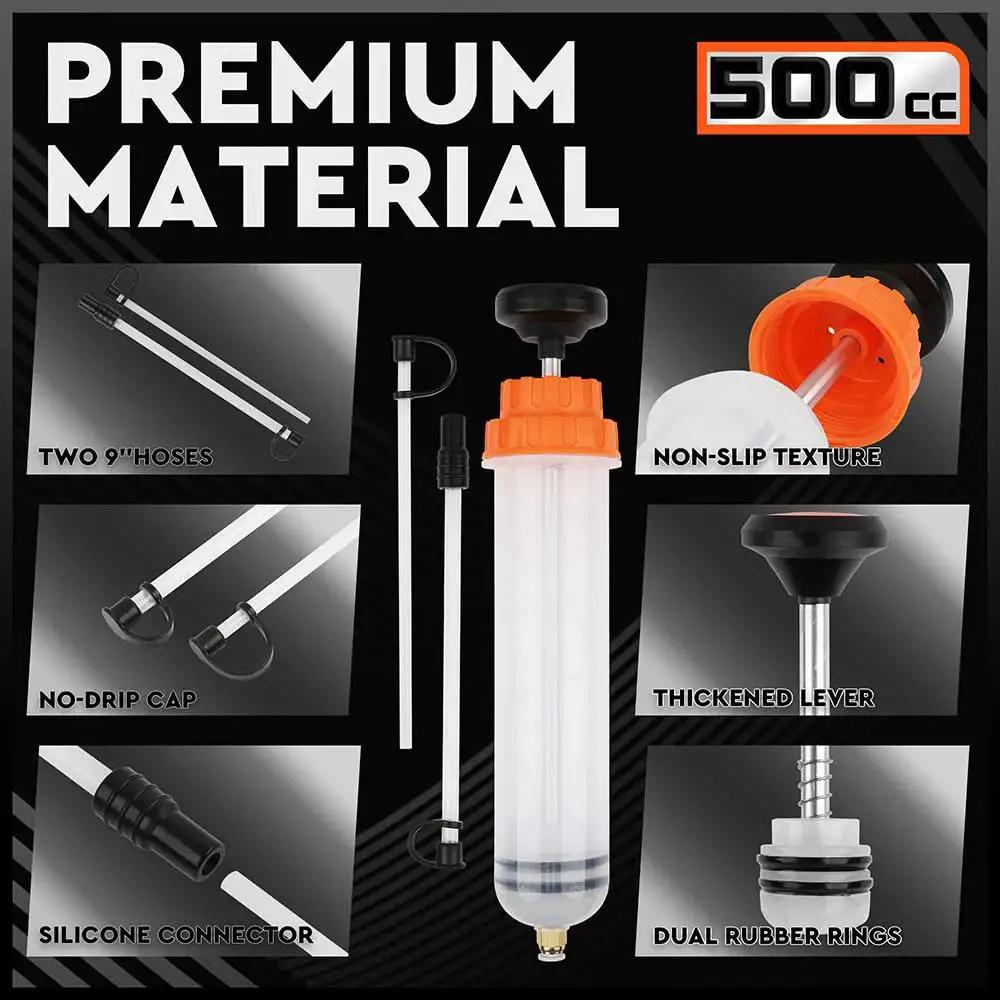 500cc Fluid Extractor for Automotive Use With Dual 7 Inch Hoses Vacuum Syringe, showcasing silicone connector and non-slip lever