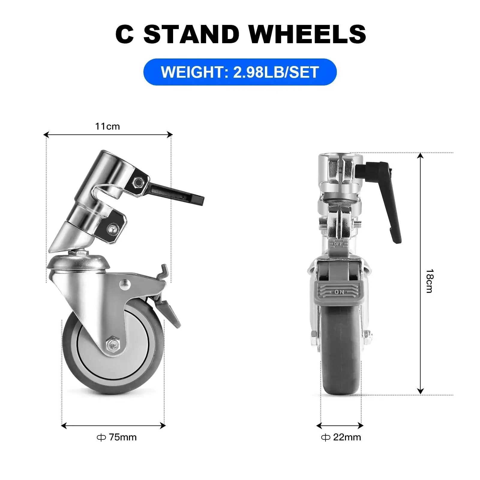 Swivel Caster Wheels Set For C Stand 25mm Legs Compatible With Takerers Neewer And Other 25mm C Stand Bases, side and front view