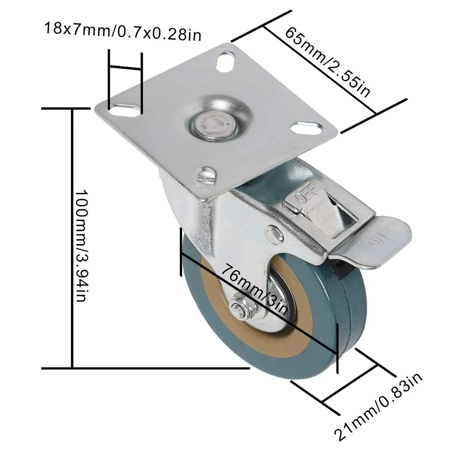 3-inch PVC caster wheel with brake, 8 Pack 3 Inch Swivel Caster Wheels Set With 4 Brakes And 4 Without Brakes, showing dimensions.