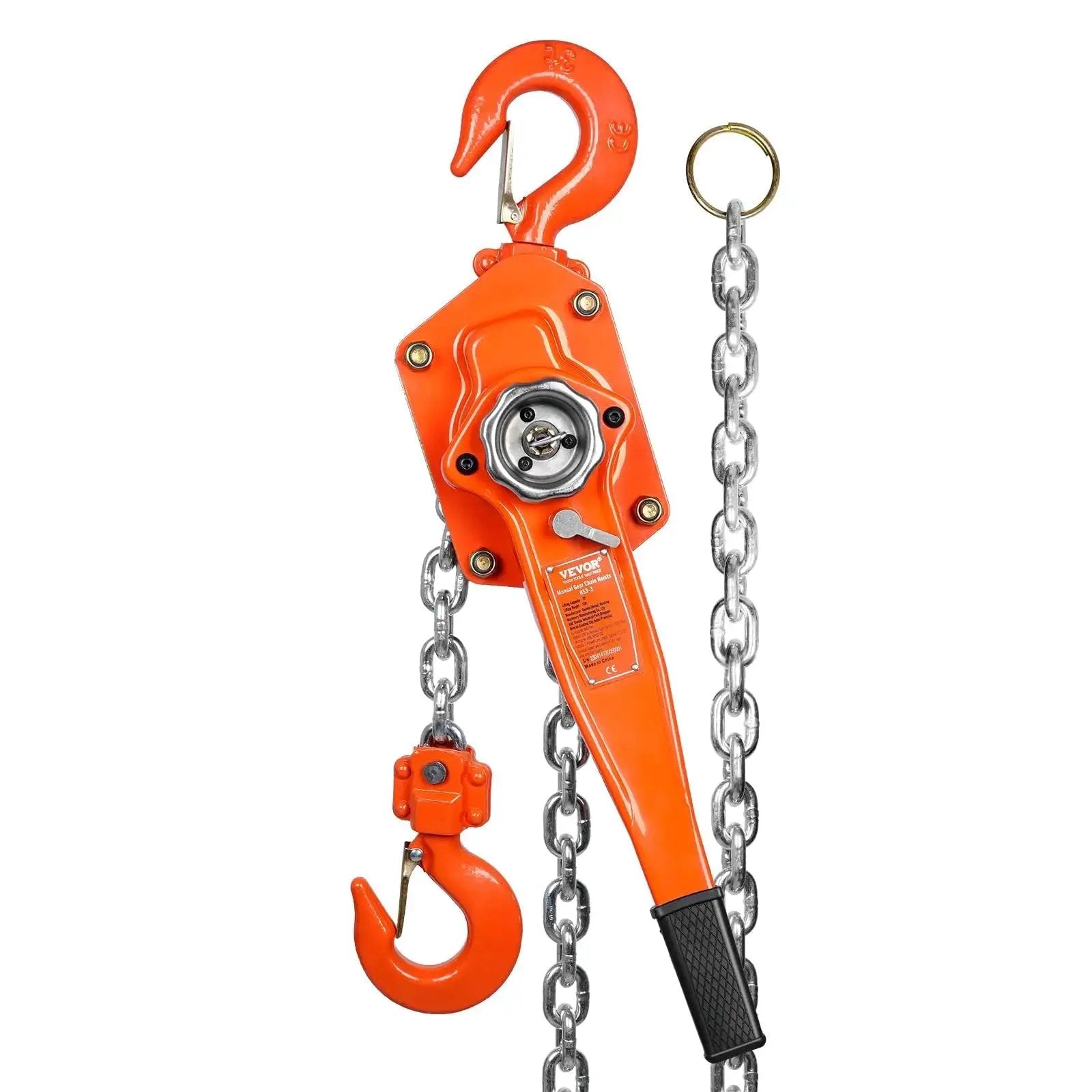 Orange Manual Lever Chain Hoist 3 Ton 6600 Lb, 20 Ft, G80 Weston Brake 360 Degree Hook shown from front