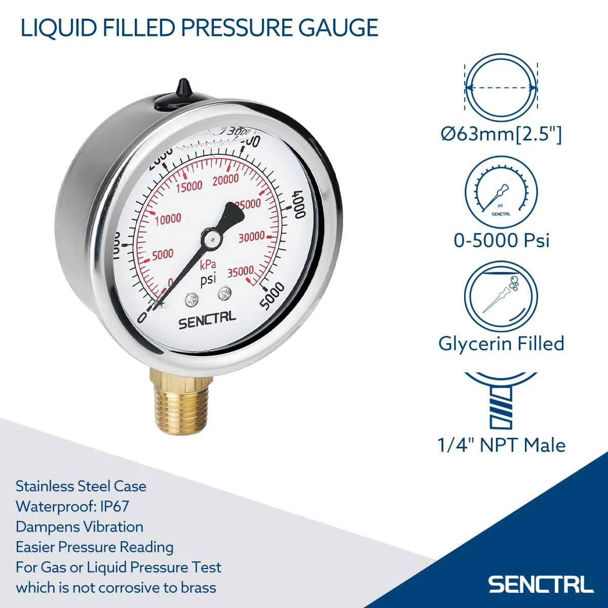 Glycerin Filled Hydraulic Pressure Gauge 5000 Psi With 2.5 Inch Dial, 1/4 Inch NPT Lower Mount, Stainless Steel Case