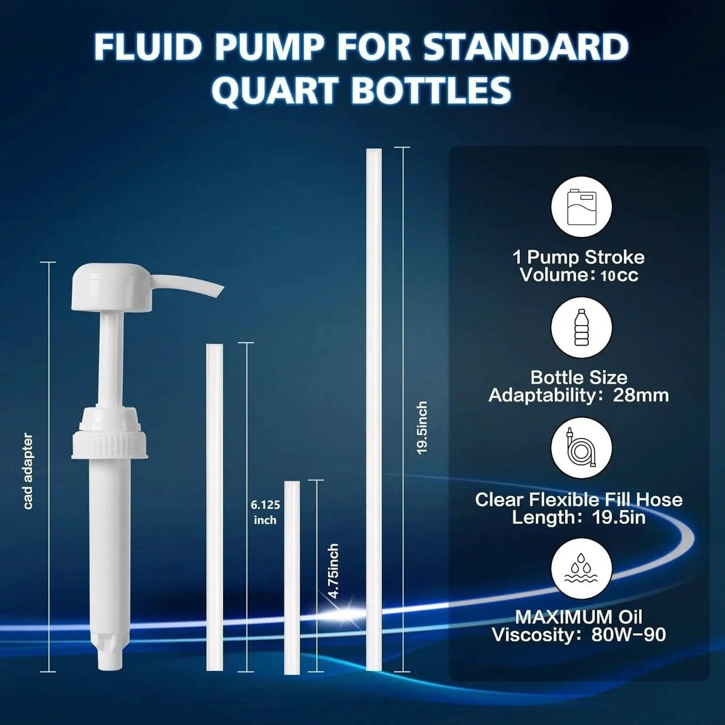 Quart Fluid Pump With 10cc Stroke And Third Hand Adapter For Transmission Fluids, shown with 19.5in flexible hose and measurements.