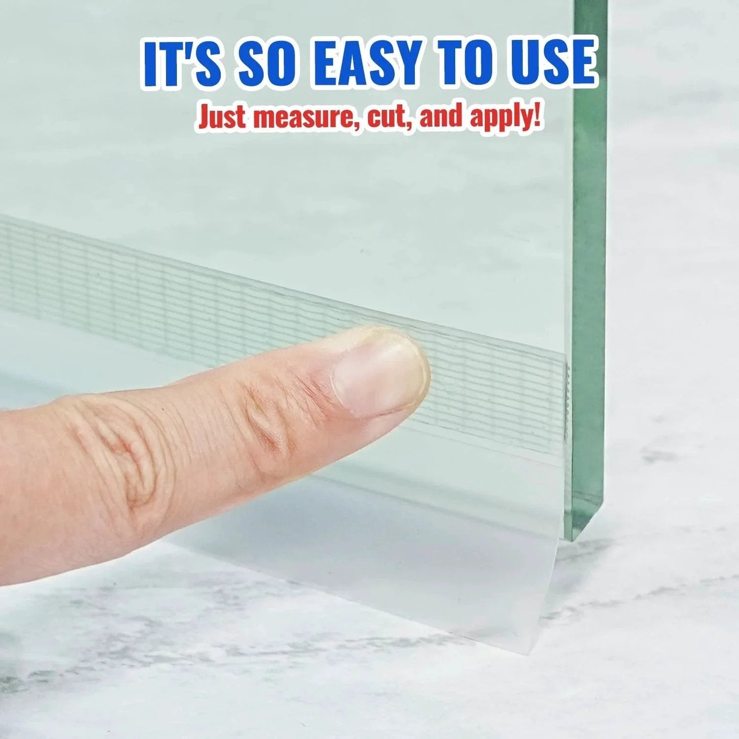 Close-up of Weather Stripping Door Draft Stopper and Shower Door Seal Strip being installed on glass, highlighting easy application.