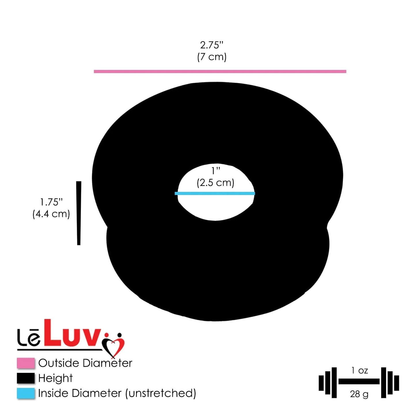 Illustration of a black ring with measurements: 2.75 inches outside diameter, 1 inch inside diameter, and 1.75 inches height.