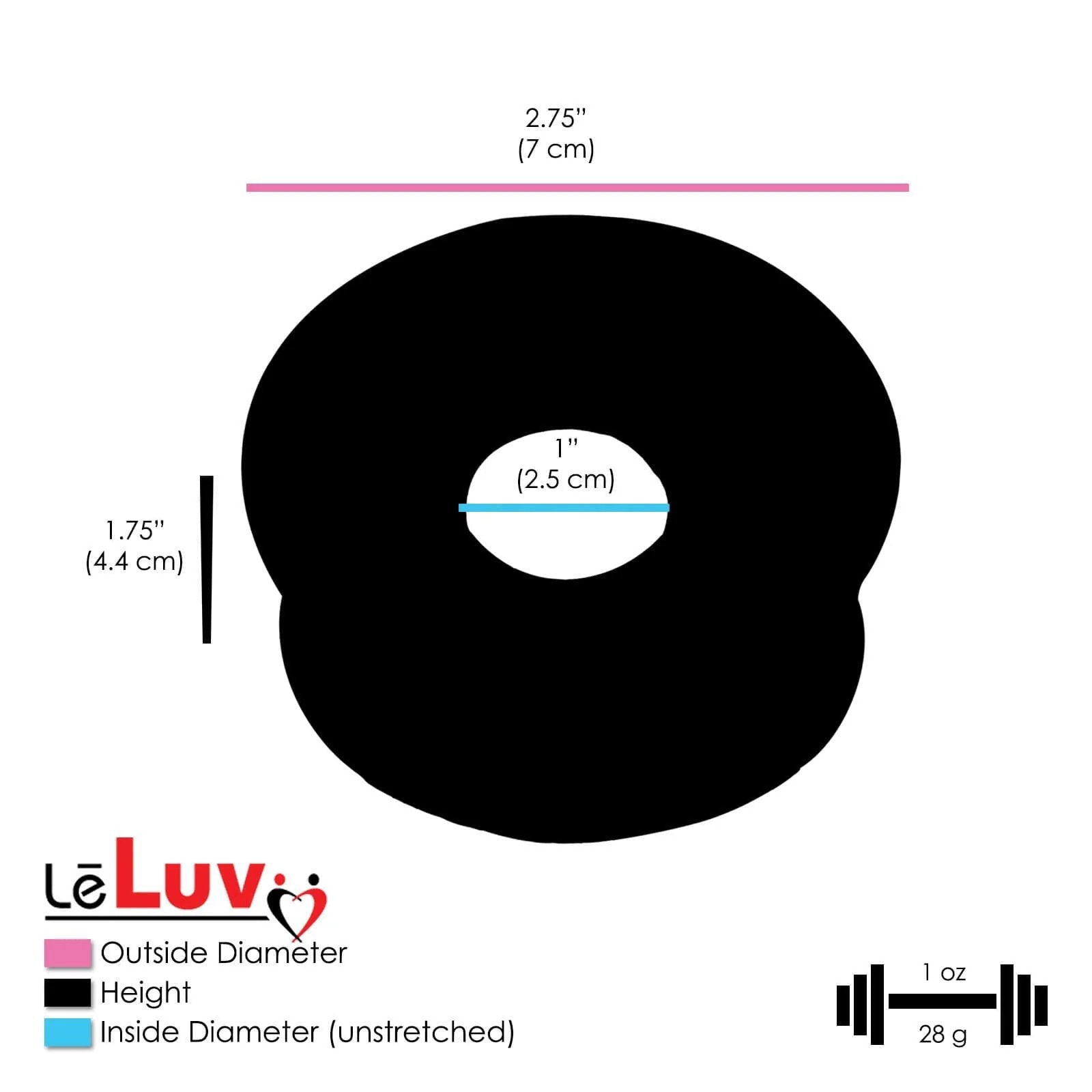 Illustration of a black ring with measurements: 2.75 inches outside diameter, 1 inch inside diameter, and 1.75 inches height.