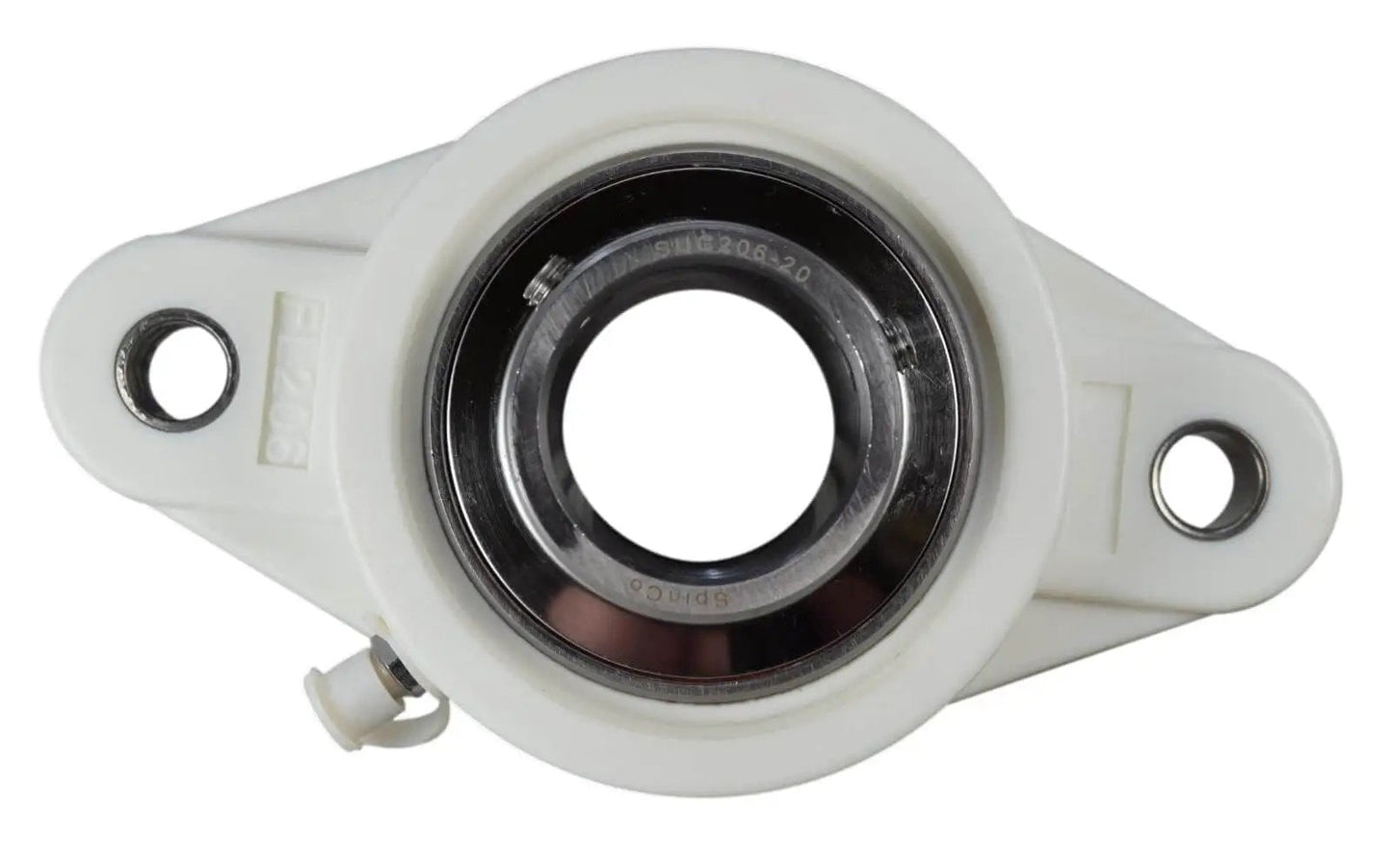 1-1/4 Inch Stainless Steel Thermoplastic Two-Bolt Flange Bearing With Two Set Screws Plastic Housing And Grease Zerk Front View