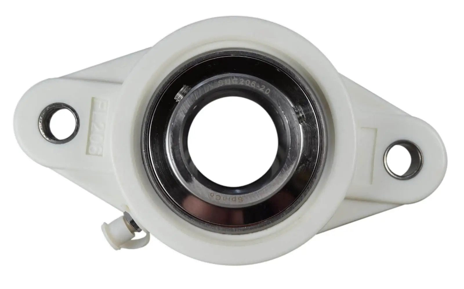 1-1/4 Inch Stainless Steel Thermoplastic Two-Bolt Flange Bearing With Two Set Screws Plastic Housing And Grease Zerk Front View
