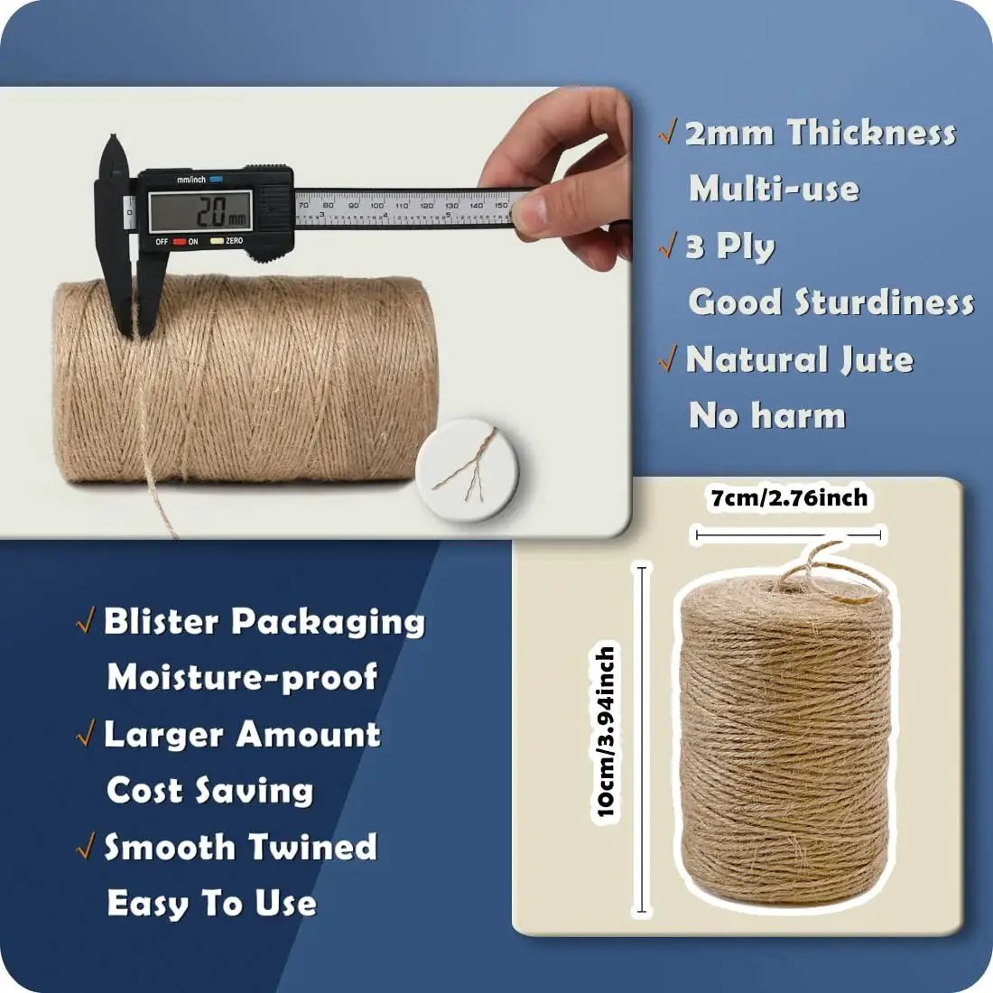 Natural Jute Twine 2mm Thick 600 Feet Brown String with dimensions and features for Crafts, Gift Wrapping, Gardening, Crochet, Knitting, Macrame Decor, Eco Friendly and Durable