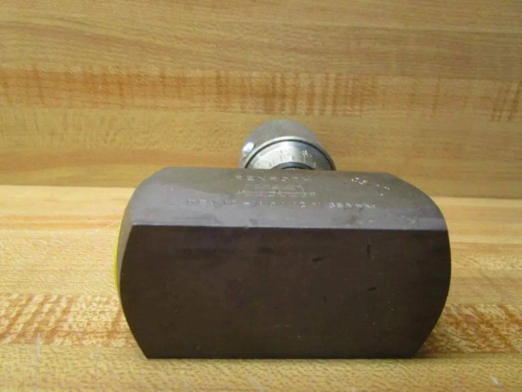 Rexroth Bosch DRV12-1.0/12V flow control valve, industrial grade, two 1/2-in NPT ports, close-up of base and side view