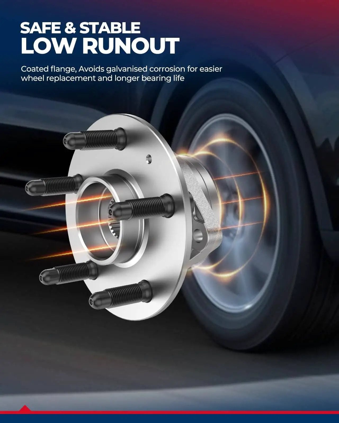 Rear Wheel Bearing Hub Assembly With ABS Compatible With Buick LeSabre 2000 To 2005 Buick Lucerne 2006 To 2011 Cadillac DTS 2006 To 2011 5 Lug Two Pieces highlighted on a car wheel with stability features.