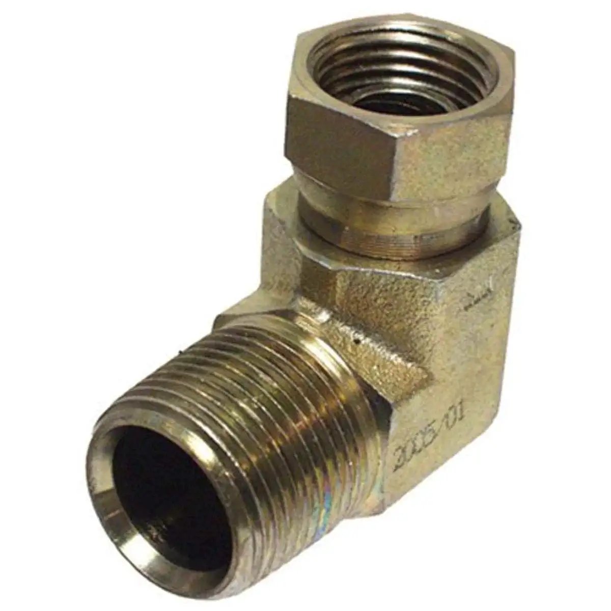 Half Inch Male Pipe To Half Inch Female Pipe 90 Degree Swivel Hydraulic Adapter Style 1501 for Industrial Hydraulic Lines, close-up view.