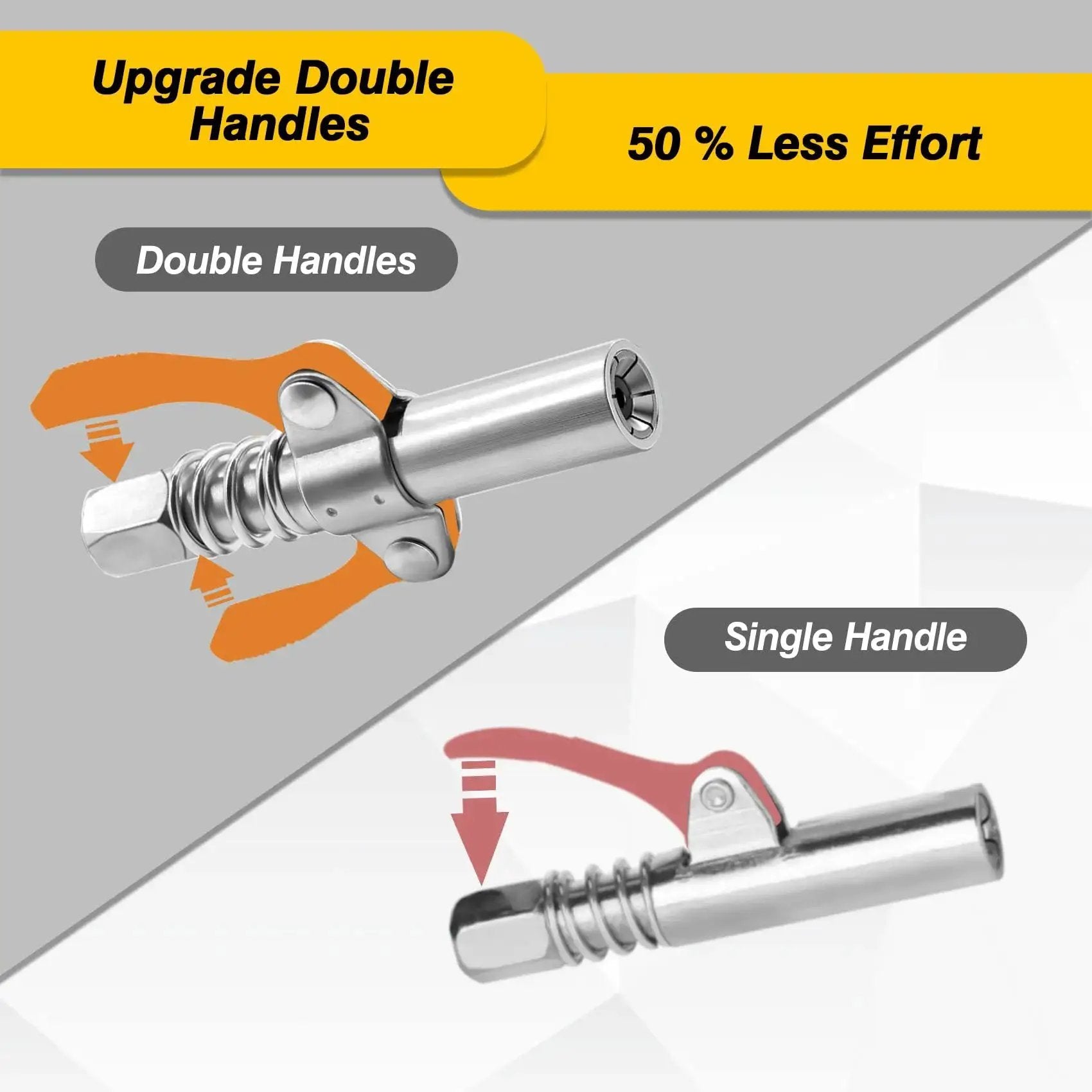 Grease Gun Coupler With Double Handle Quick Lock Release, Six Jaw Design For A Beefy No Slip Seal, Zinc Coated, Comparison