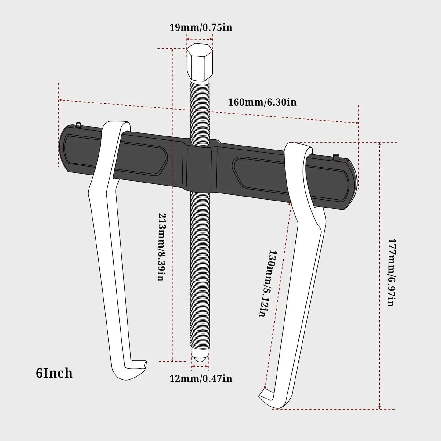 Diagram of 6 Inch 2 Jaw Gear Puller for internal and external removal, showing size measurements and heat-treated CRV steel construction.