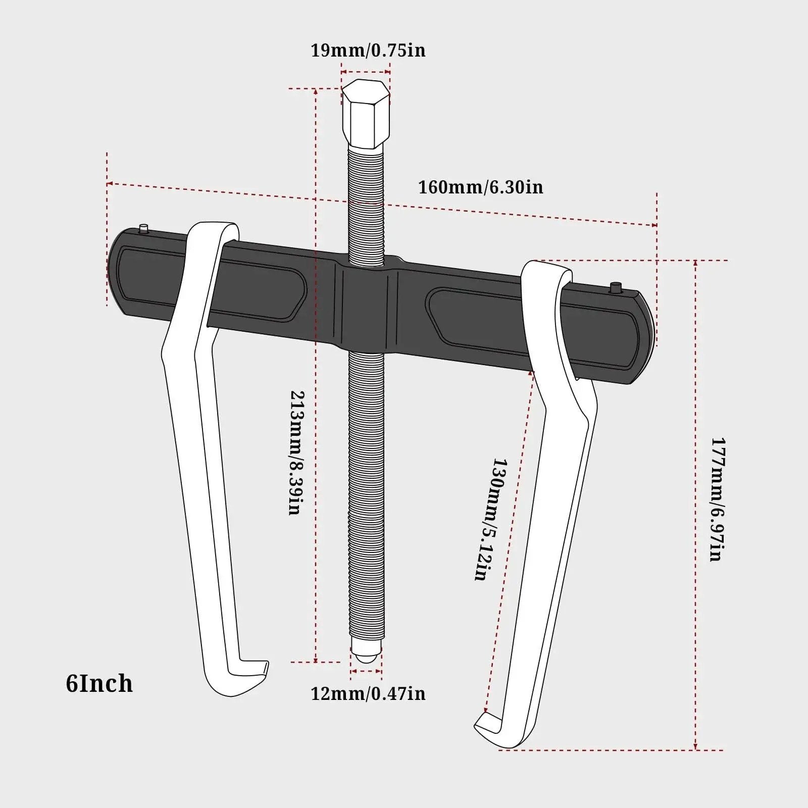Diagram of 6 Inch 2 Jaw Gear Puller for internal and external removal, showing size measurements and heat-treated CRV steel construction.