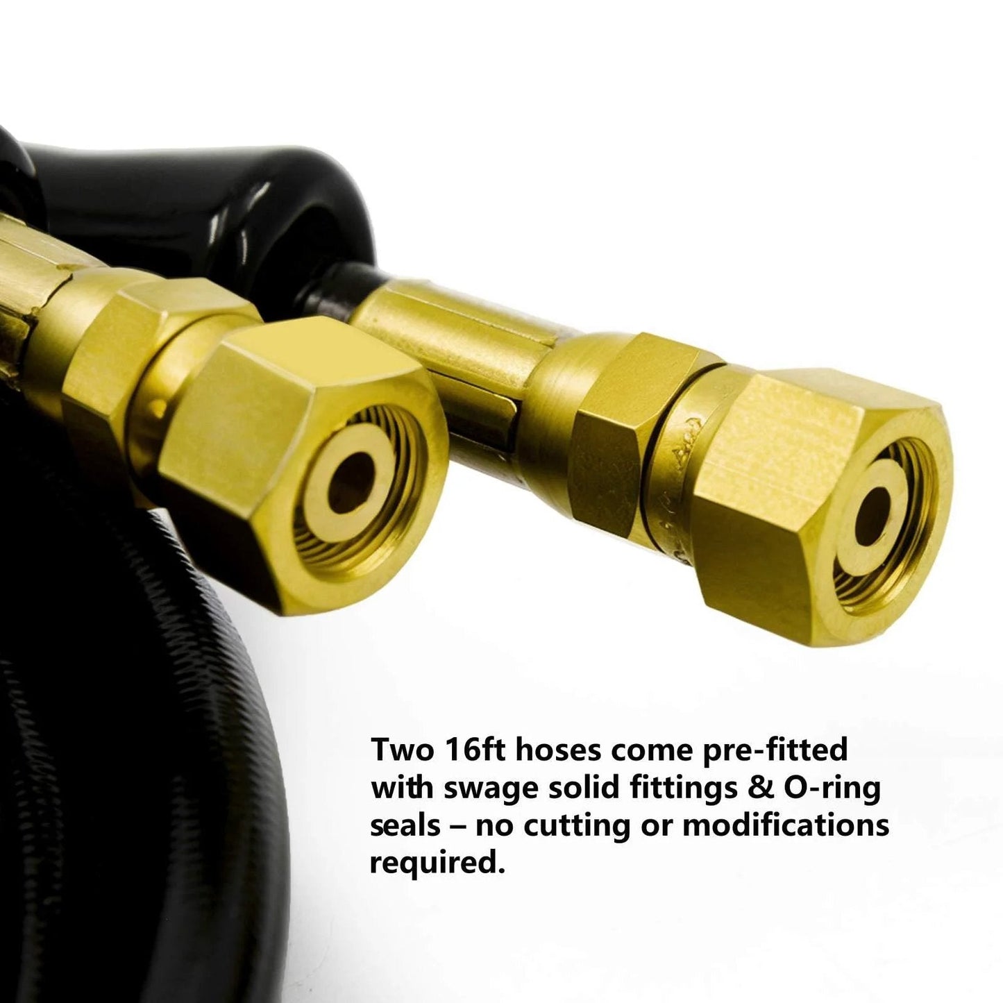 Close-up of 16 ft hydraulic hose kit with brass fittings and black rubber material for steering systems, labeled description text visible.