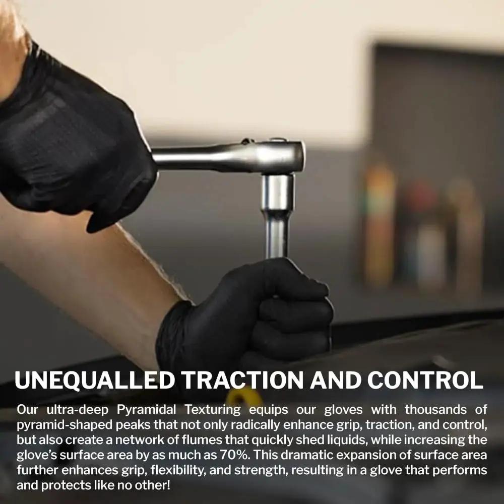 Heavy-Duty Nitrile Disposable Gloves 6 Mil Latex-Free Raised Texture holding a wrench for automotive work
