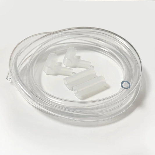 Clear PVC Vinyl Tubing 1/4in ID X 3/8in OD, 10 Feet Long with 2 silicone extension joints and 2 bend joints, coiled on a surface.