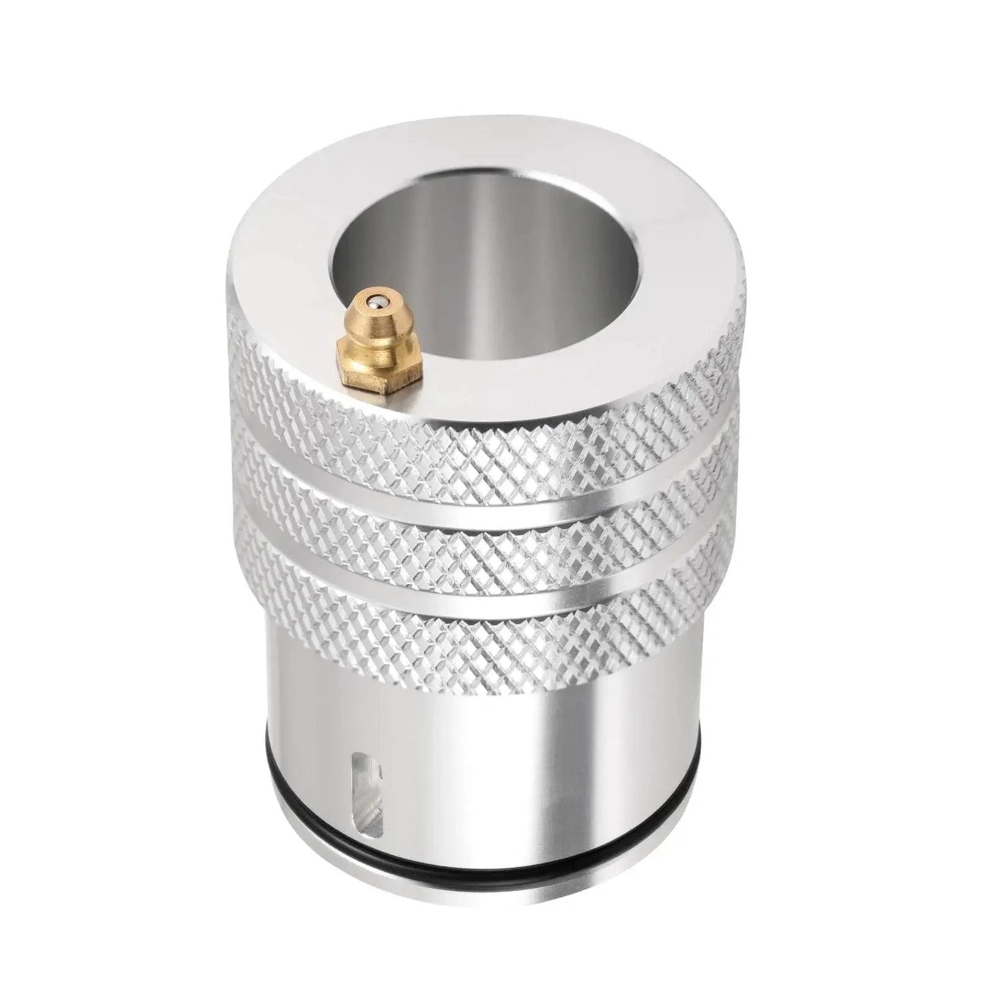 Close-up of 44mm Front And Rear Wheel Bearing Greaser Aluminum UTV Tool With O Ring Sealed Design showing knurled grip and grease fitting.