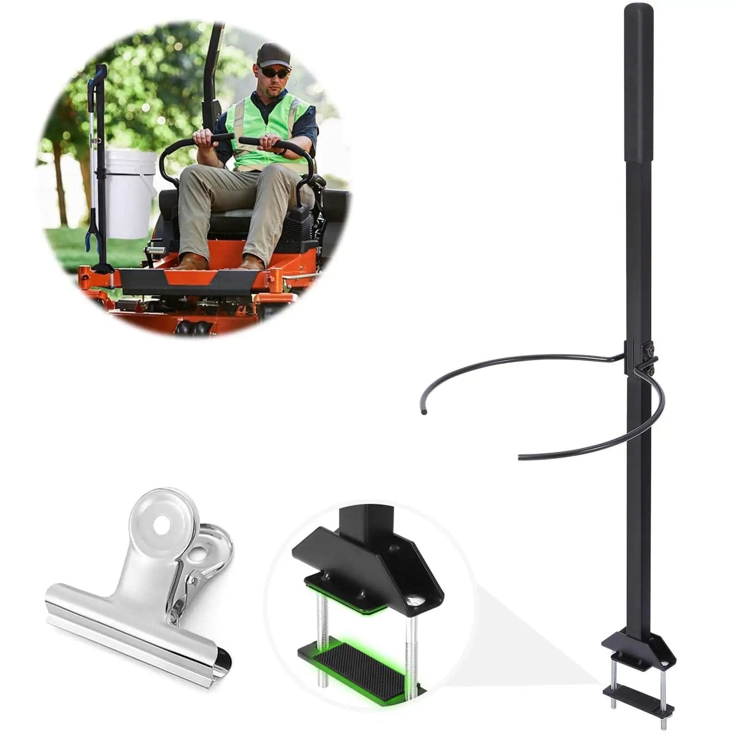 Zero Turn Mower Handle With 5 Gallon Bucket Bracket And Clip For Outdoor Yard Cleanup, mounted on mower, shown with grabber tool.