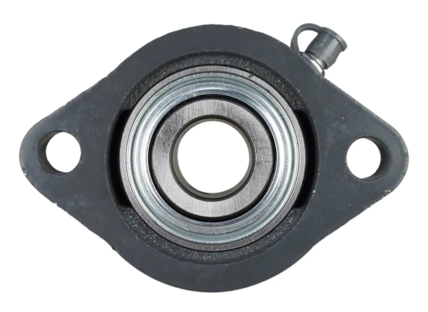 Front view of 3/4 Inch Light Duty Two Bolt Flange Bearing with cast iron housing and grease zerk, shaft size 3/4 inch, bolt spacing 2.82 inches.