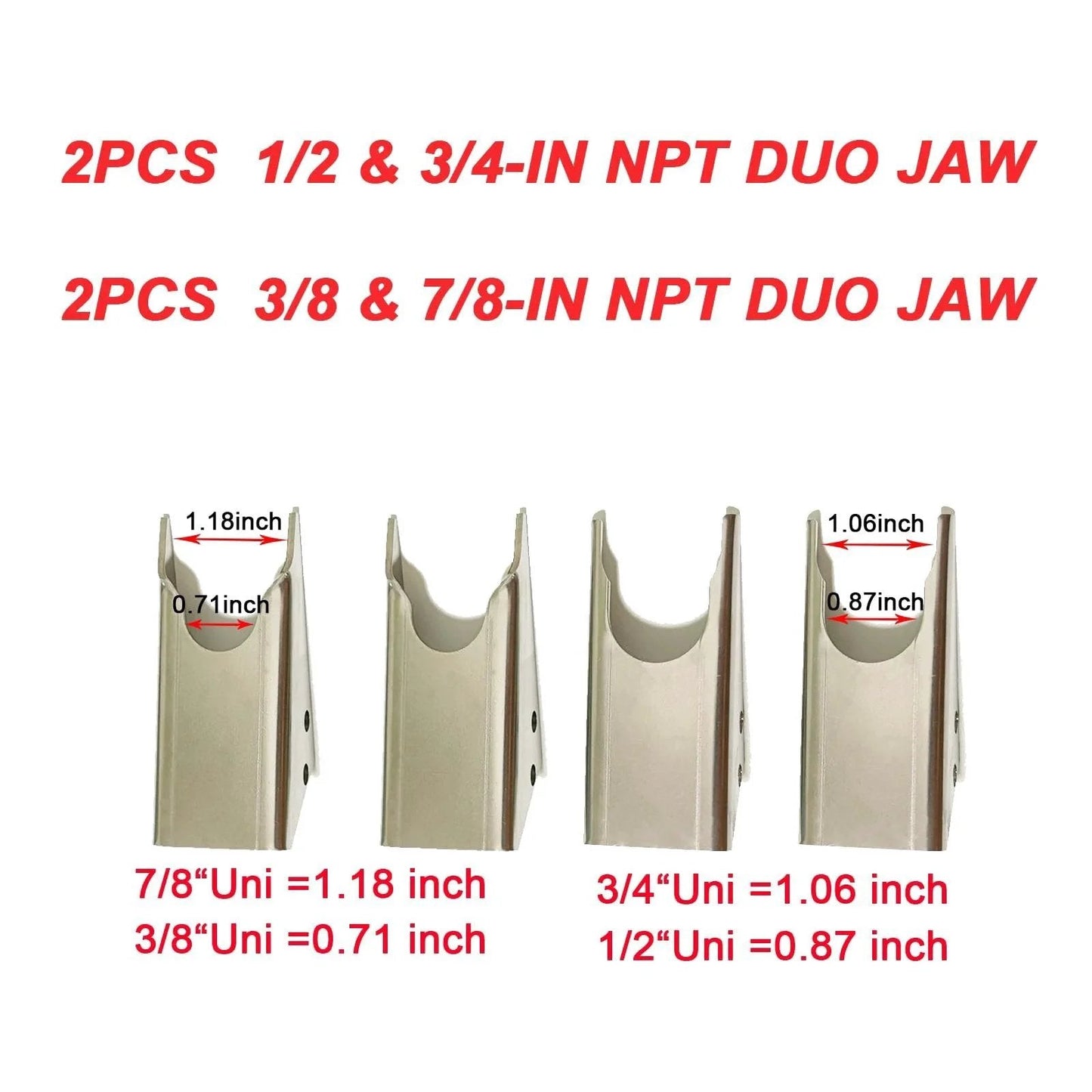 18 Inch Quick Coupler Pipe Clamps Includes Four Duo Jaw Sets With Jaws In One Half And Three Quarter Inches And Seven Eighths And Three Eighths Inches For Hydraulic Pipe Clamps Quick Coupler Tool Suitable For Excavators And Tractors Carbon Steel Upgrade shown with measurements and labels