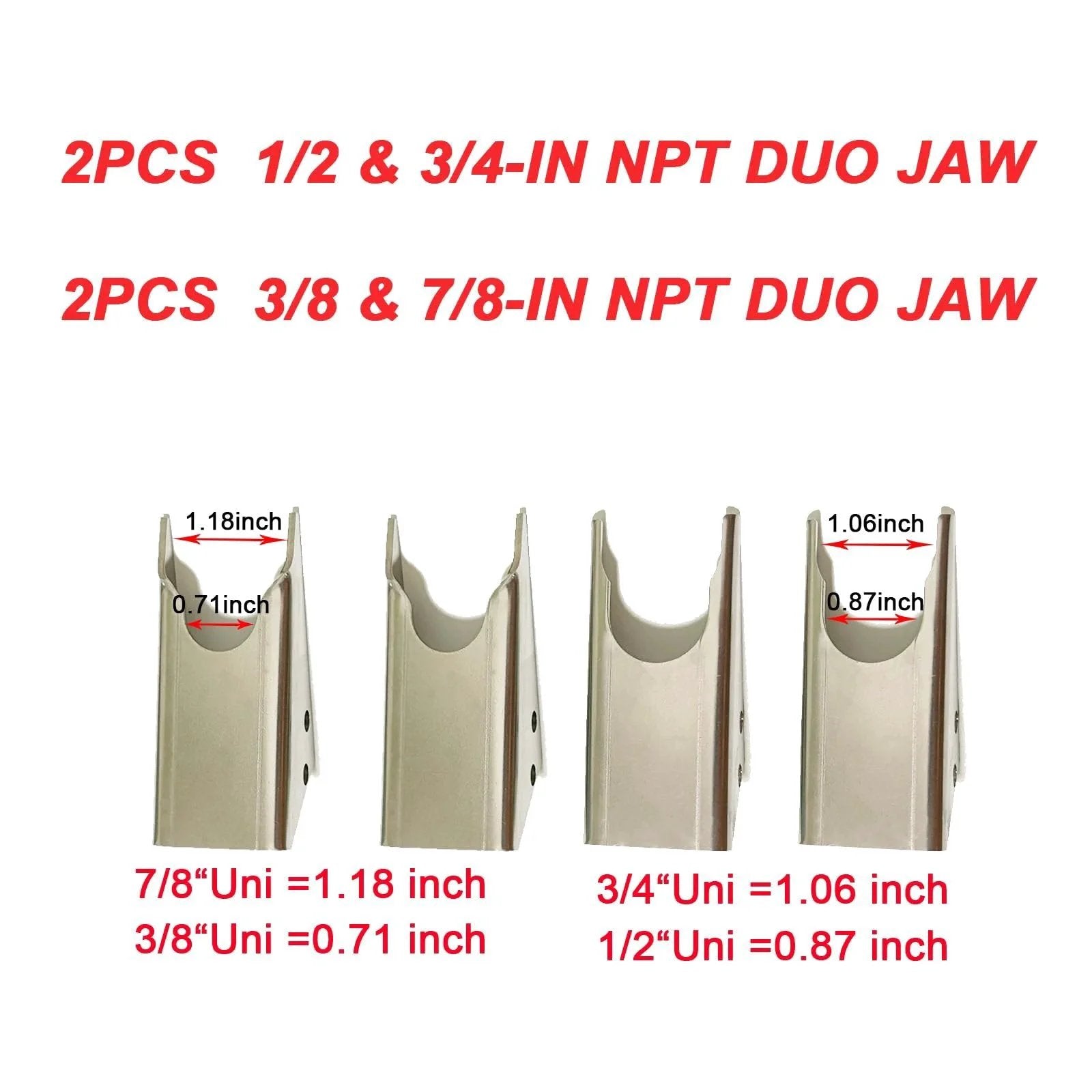 18 Inch Quick Coupler Hand Clamp Carbon Steel With Four Duo Jaw Sets Two By One Half Inch And Three Quarter Inch Two By Seven Eighths Inch And Three Eighths Inch Jaws For Hydraulic Pipe Clamps Quick Mate Coupler Tool For Excavators Tractors And Cranes, showing four duo jaw sets with size measurements in inches