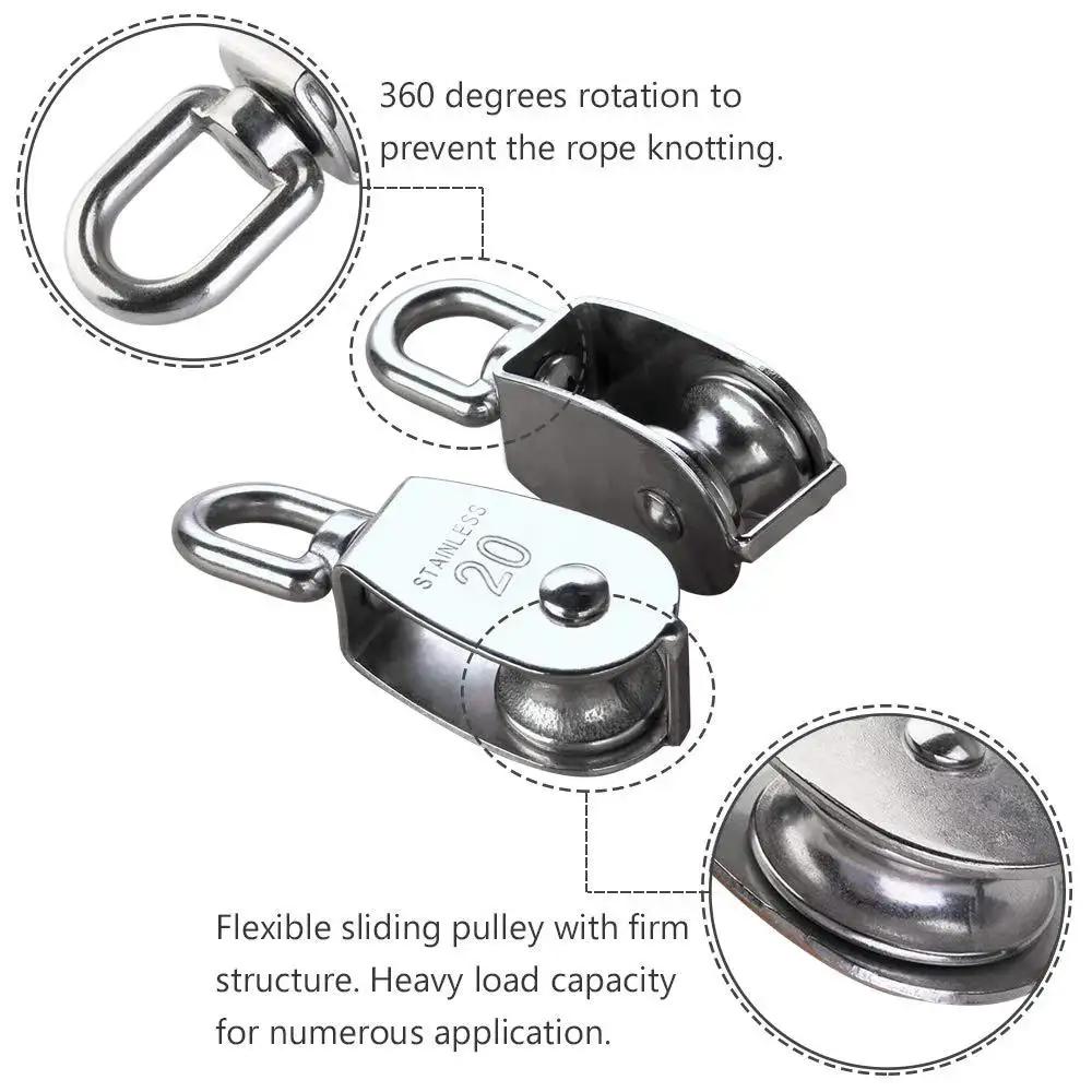 2 Pcs 304 Stainless Steel M20 Silver Single Pulley Block For Wire Rope Hanging And Towing Wheel 20mm Wheel Diameter