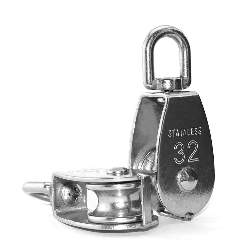 4Pcs M32 Single Pulley Block, Creatiee-Pro Heavy Duty 304 Stainless Steel Pulley Roller Crane Swivel Hook, Wheel Swivel Rigging Lifting Wheel Fixed Pulley for Wire Rope Loading 250kg, two pulleys in stainless steel with visible "32" marking.
