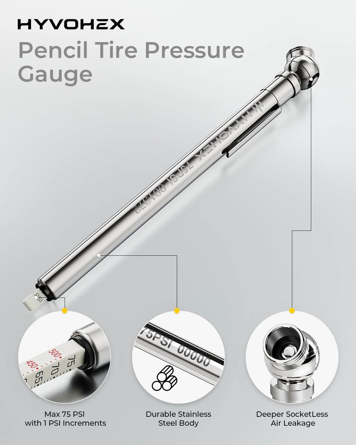 Two Pack Pencil Tire Pressure Gauge With Valve Caps, Stainless Steel Body, Deflator Valve, And Metal Nozzle For Cars, Trucks, RVs
