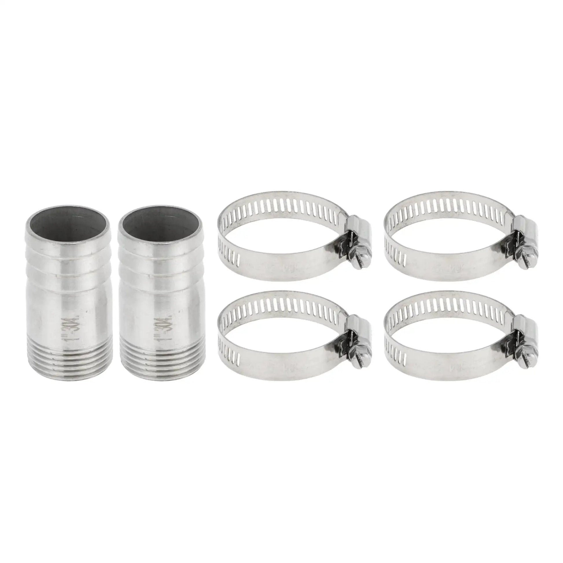 304 Stainless Steel Hose Barb Fittings I Shaped Male Thread Connector 1.3 Inch Outer Diameter 1 Inch BSPT with clamps, silver tone