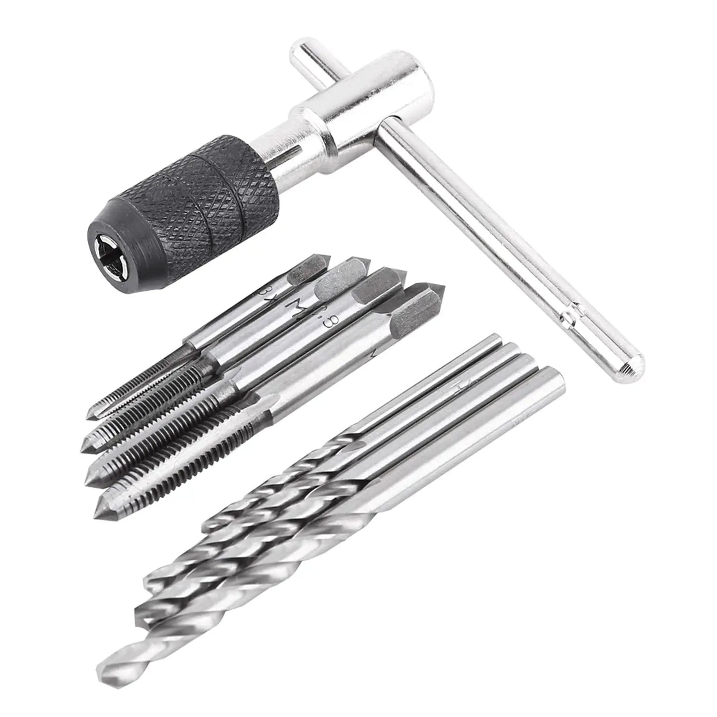 Tap Wrench And Drill Bit Set 9 Piece T Shaped Kit With 4 Taps And 4 Drill Bits Imperial Tools Threading Kit For Metalworking