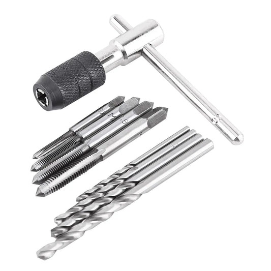 Tap Wrench And Drill Bit Set 9 Piece T Shaped Kit With 4 Taps And 4 Drill Bits Imperial Tools Threading Kit For Metalworking