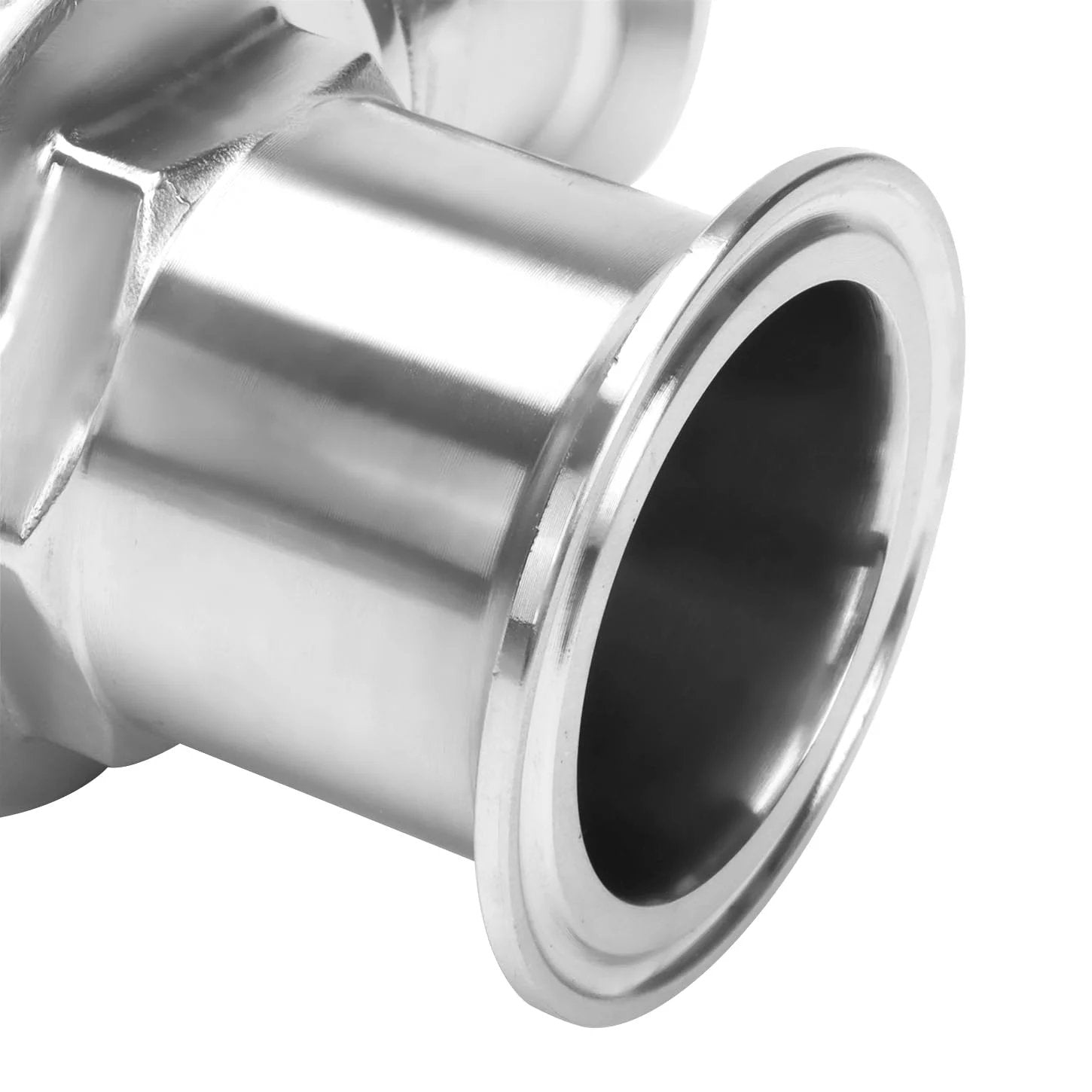 Close-up of 2 Inch Tri Clamp Sanitary 3 Way Ball Valve T Port Stainless Steel 304 PTFE Lined For Food And Beverage Dairy Beer Brewing