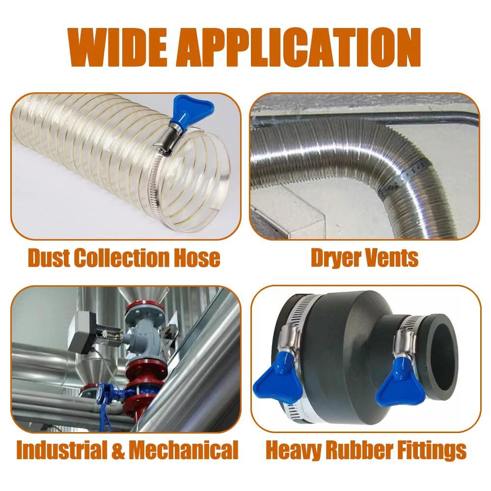 Beefy 2 Pack 4 Inch Key Type Worm Gear Hose Clamps 304 Stainless Steel Rust Resistant Adjustable 91 to 114 Mm in use for dryer vents, dust collection, and industrial setups.